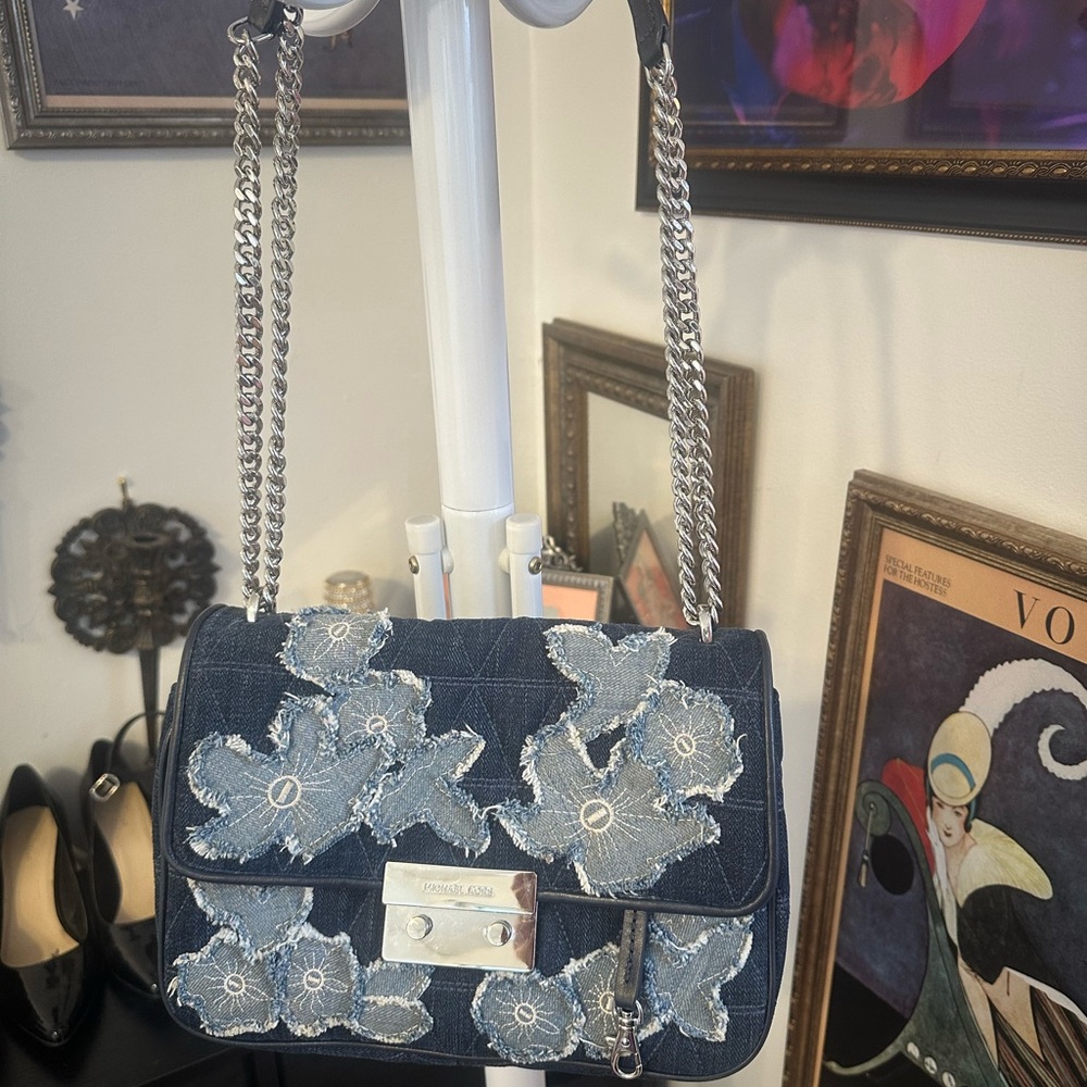 Michael Kors Elegant Floral Denim Shoulder Bag